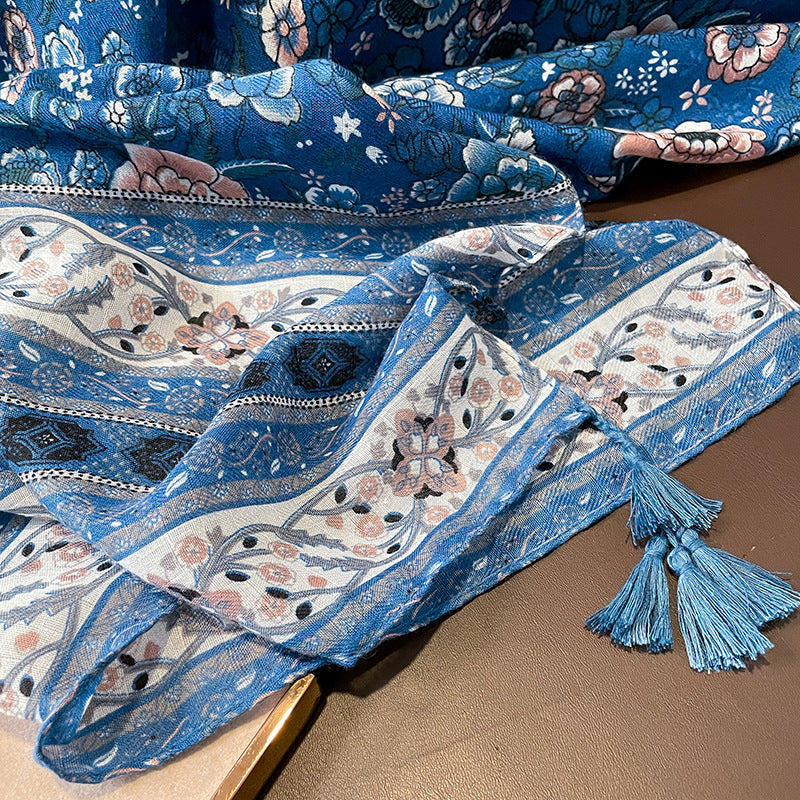 Ethnic Style Spring And Autumn New Blue Cotton Hemp Feel Thin Scarf With Flower Splice Fragmented Flower Retro Versatile Shawl