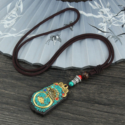 Vintage Nepal Thangka God Of Wealth Buddha Elephant God Ebony Pendant Necklace Exotic Sweater Chain