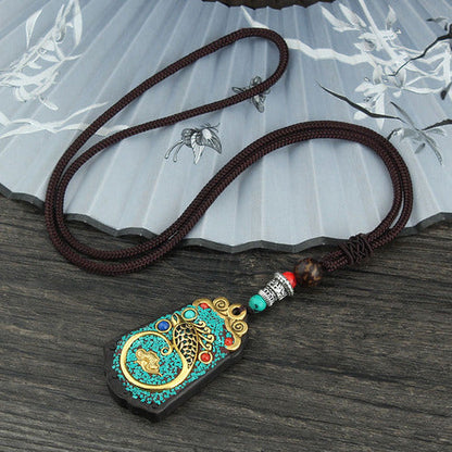Vintage Nepal Thangka God Of Wealth Buddha Elephant God Ebony Pendant Necklace Exotic Sweater Chain