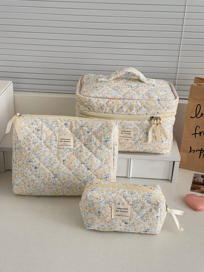 Floral Corduroy Makeup Bag Cute Travel Cosmetic Organizer