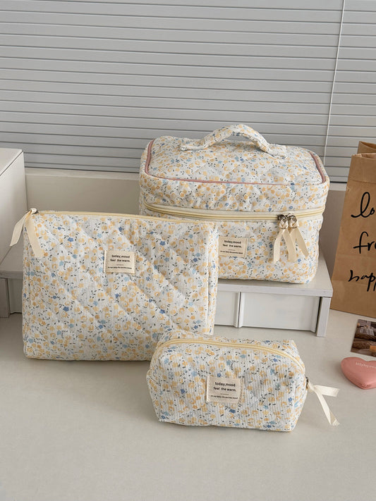 Floral Corduroy Makeup Bag Cute Travel Cosmetic Organizer