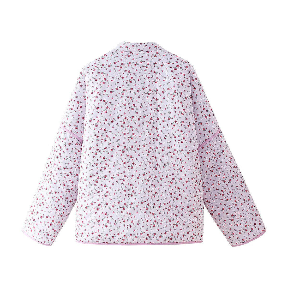 Floral Print Quilted V-Neck Tie Front Puffer Coat
