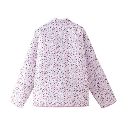 Floral Print Quilted V-Neck Tie Front Puffer Coat