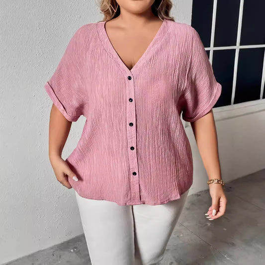 Loose-Fit V-Neck Button Short Sleeve Shirt for Women