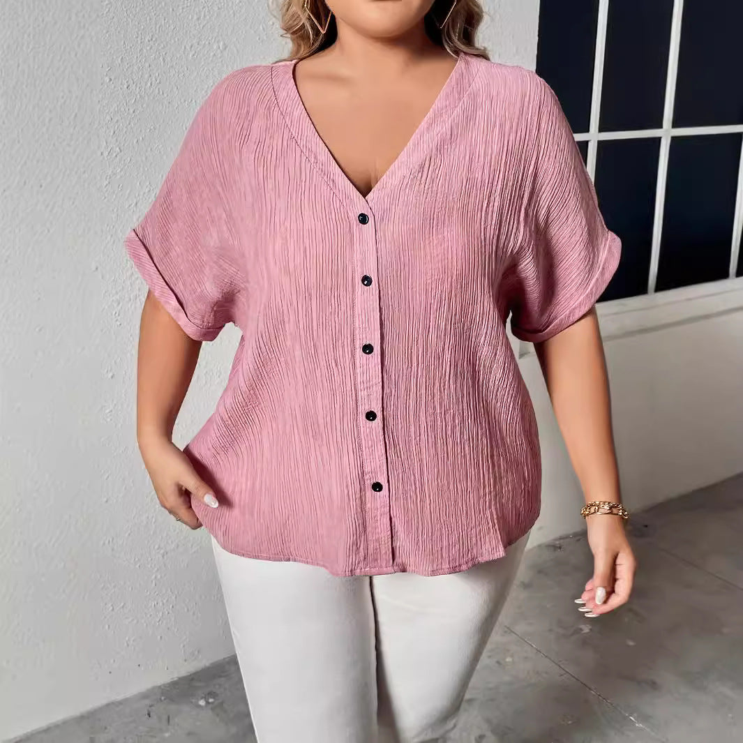 Loose-Fit V-Neck Button Short Sleeve Shirt For Women