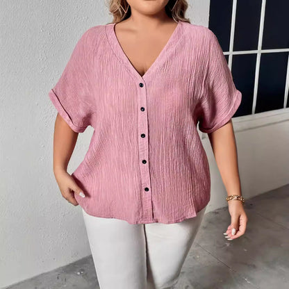 Loose-Fit V-Neck Button Short Sleeve Shirt For Women
