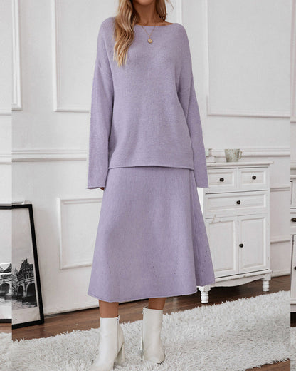 2 Pcs Fall Knit Loose Sweater Midi Skirt Set