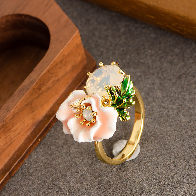 Elegant Floral Adjustable Open Ring With Zirconium For Women