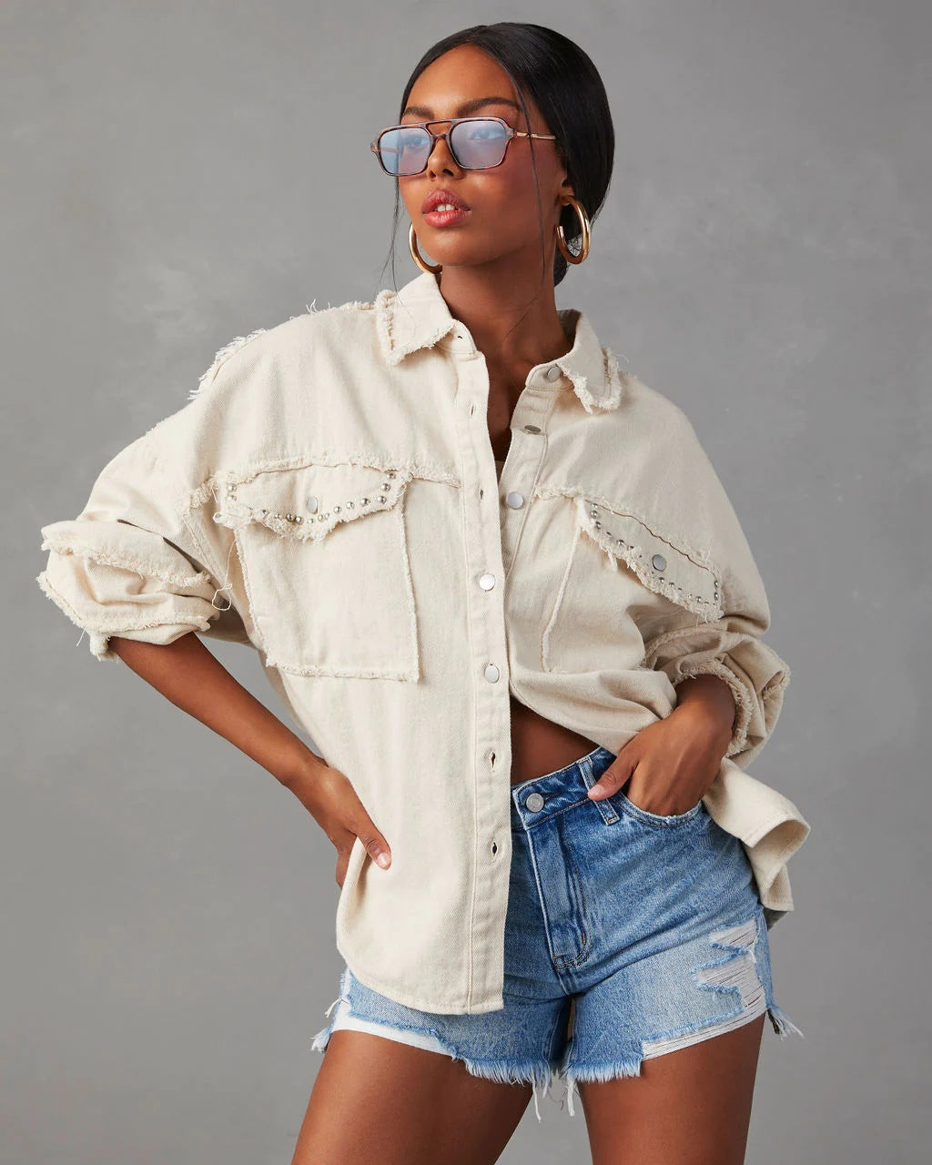 Trendy Oversized Denim Jacket With Studded Collar