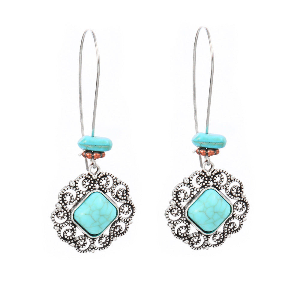Simple Tribal Flower Teardrop Circle Turquoise Earring Set