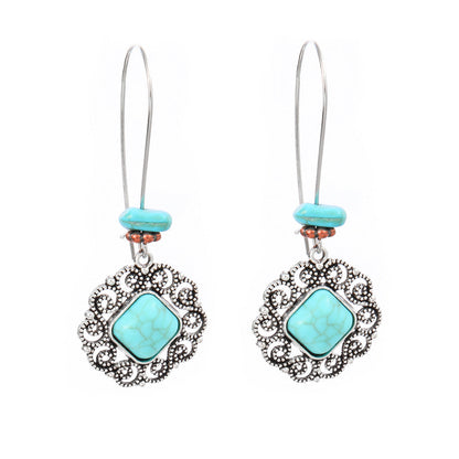 Simple Tribal Flower Teardrop Circle Turquoise Earring Set