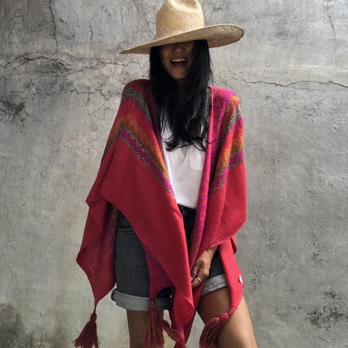Striped Sweater Shawl Sleeveless Knit Cape Over Women'S Thick Blanket Coat