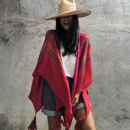 Striped Sweater Shawl Sleeveless Knit Cape Over Women'S Thick Blanket Coat