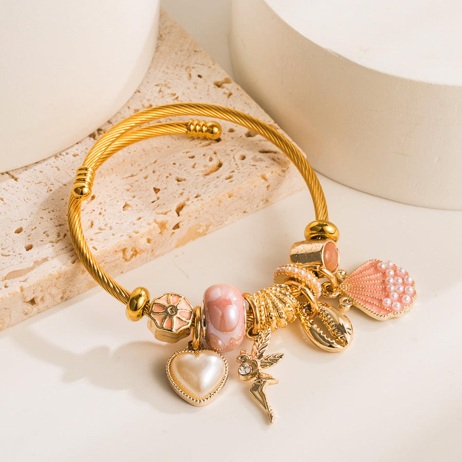 Gold Adjustable Pearl Shell Heart Bracelet For Women