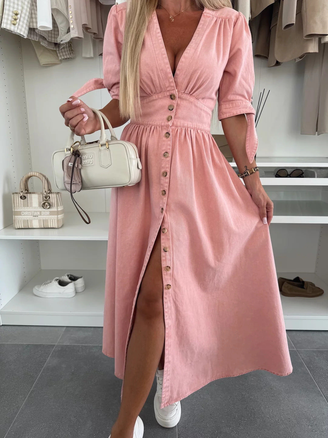 V-Neck Button Up Denim Maxi Dress Stylish Casual