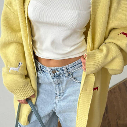 Cute Animal Embroidery V-Neck Oversized Cardigan