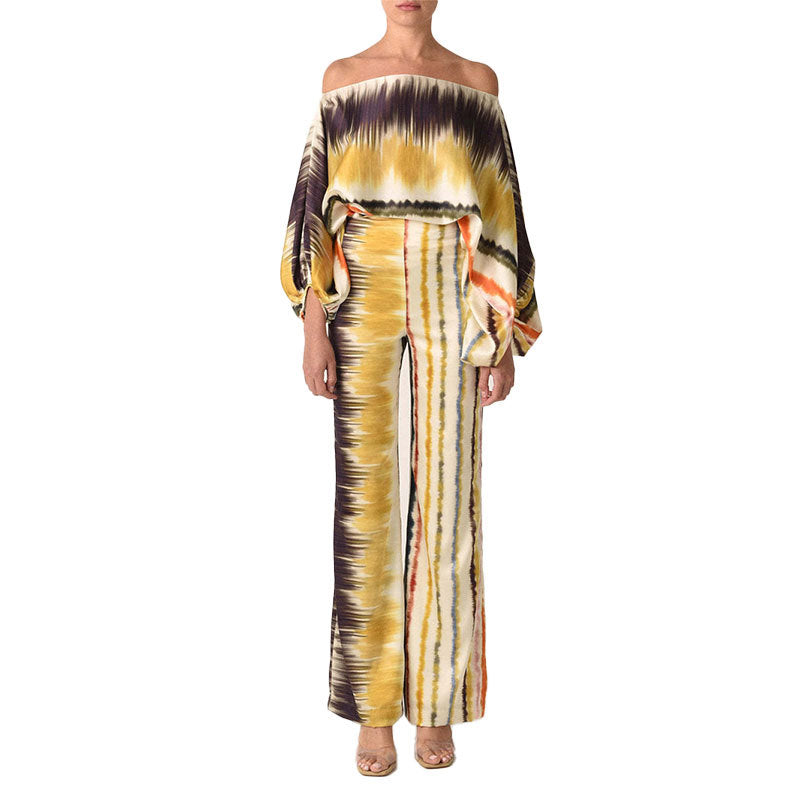 2025 Spring New Suit Printed Round Neck Loose Bat Sleeve Waist Wide Leg Pants Fashion Suit