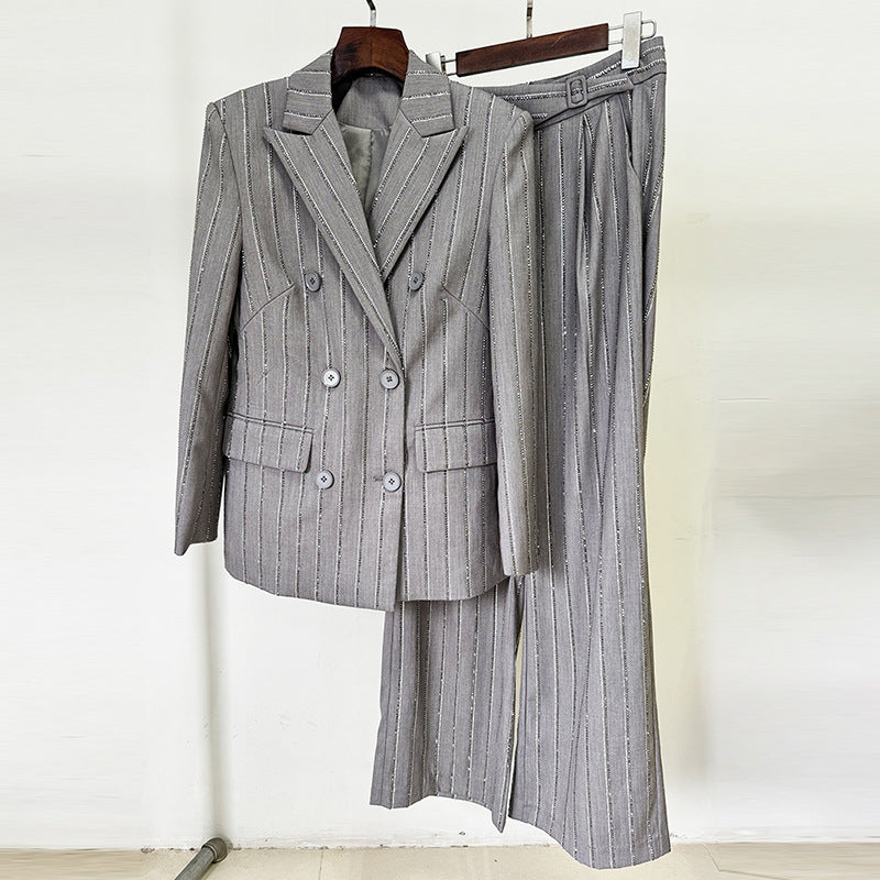 Gray Double-Breasted Blazer Pantsuit Set