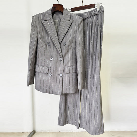 Gray Double-Breasted Blazer Pantsuit Set