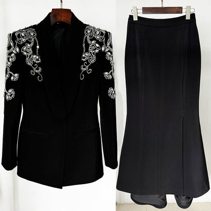 Glam Rhinestone Suit Jacket With Fish Tail Long Skirt