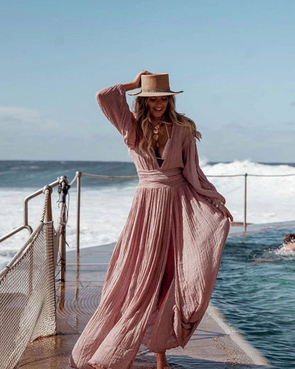 Stylish Balloon Sleeves Cotton Hemp Resort V-Neck Split Dress