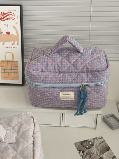 Color Block Plaid Makeup Bag Stylish Quilted Storage Organizer