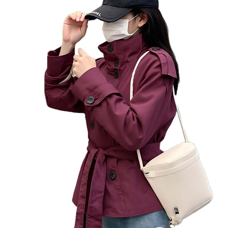 Trendy Solid Color Double-Breasted Waist Tie Short Coat