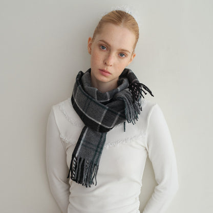 Classic Gray Plaid Scarf Unisex Warm Wool Blend Winter Accessory