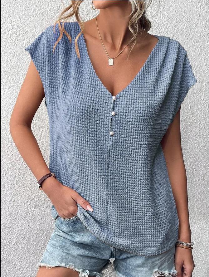 New Waffle Casual Solid Button Panels Women'S Short-Sleeved T-Shirt