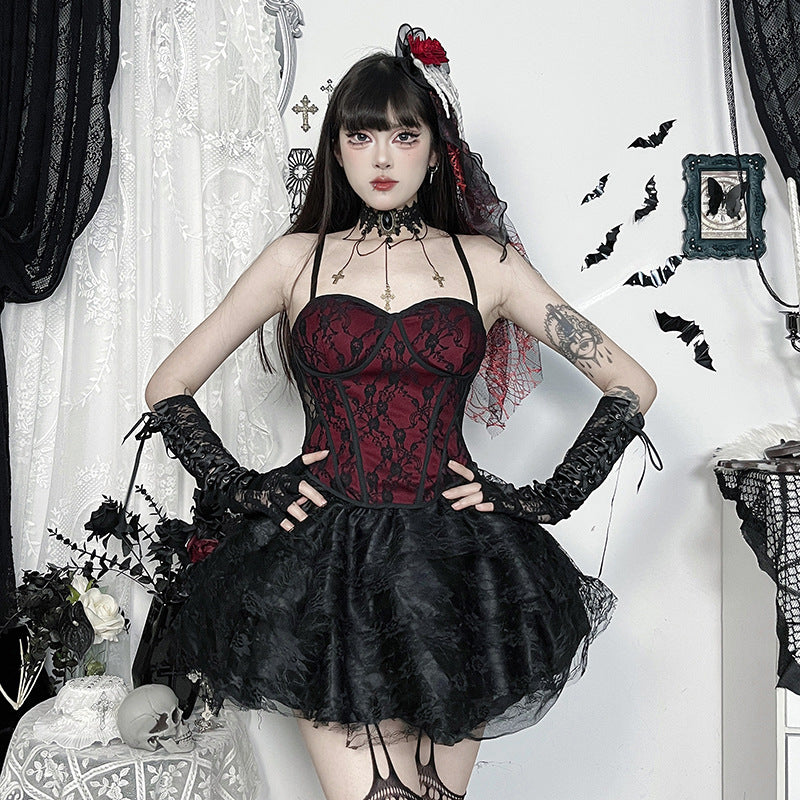 Dark Red Fishbone Tank Top Lace Goth Style Women