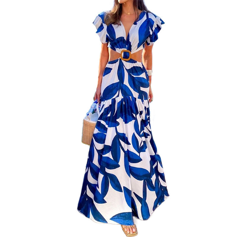 Blue Floral Print A-Line Dress V-Neck Casual Dress