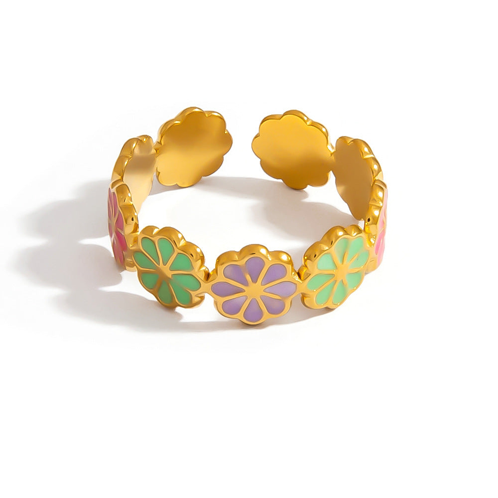 Colorful Floral Stainless Steel Ring Stylish Casual 18K Gold-Filled Women's Ring