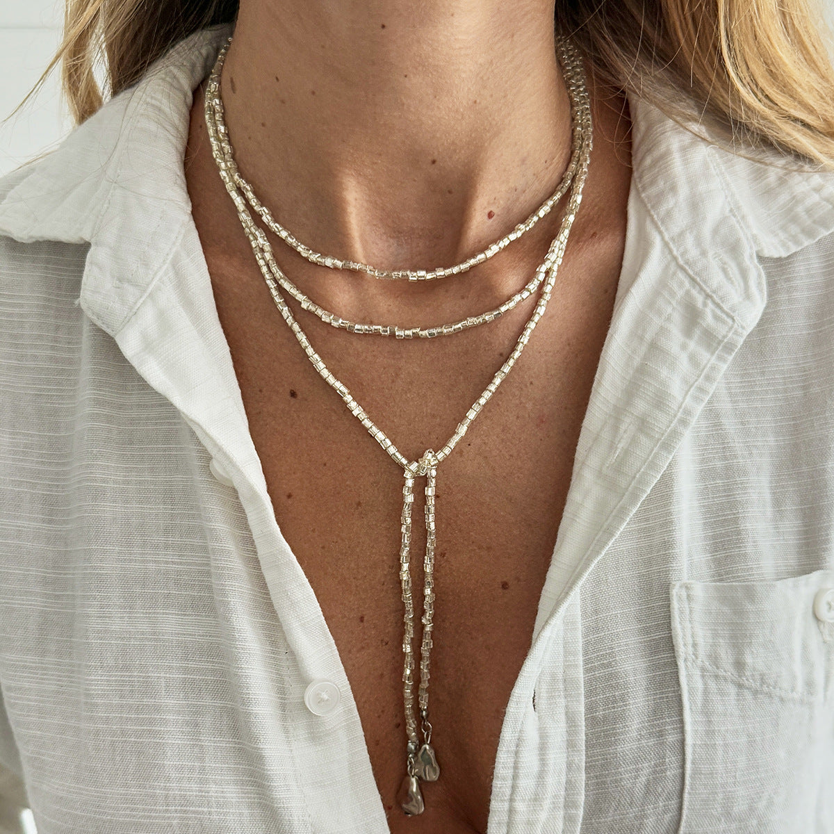 Shiny Cbb Imitation Pearl Beaded Long Necklace With Metal Tassel For Women