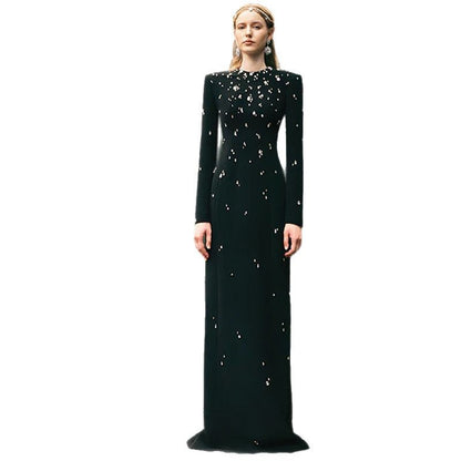 Elegant Long Sleeve A-Line Dress With Beading And Rhinestones