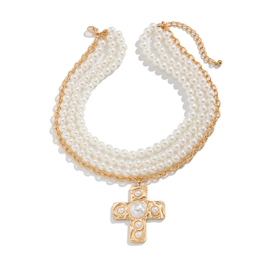 Liquid Metal Cross Pendant Necklace With Beads Elegant Fashion Jewelry