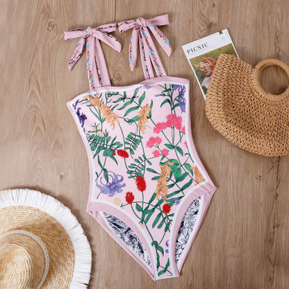 Double Fabric Vintage Print Swimsuit One-Piece Swimsuit Women