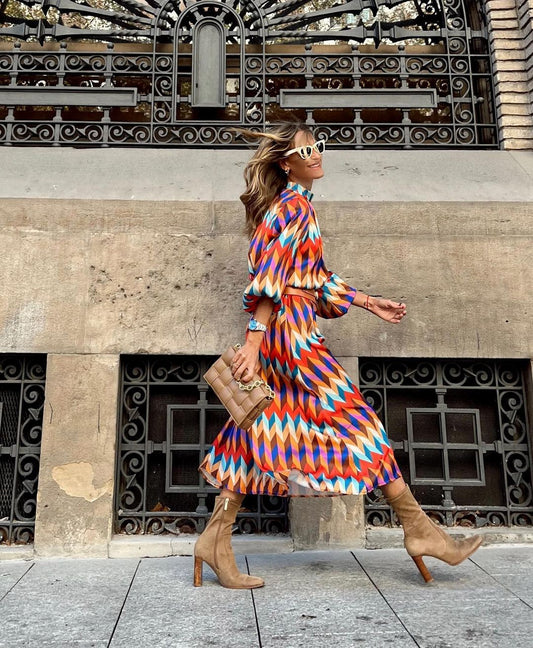 Mid-Sleeve Print Cinched-Waist A-Line Dress Oversized Women'S Maxi Dress