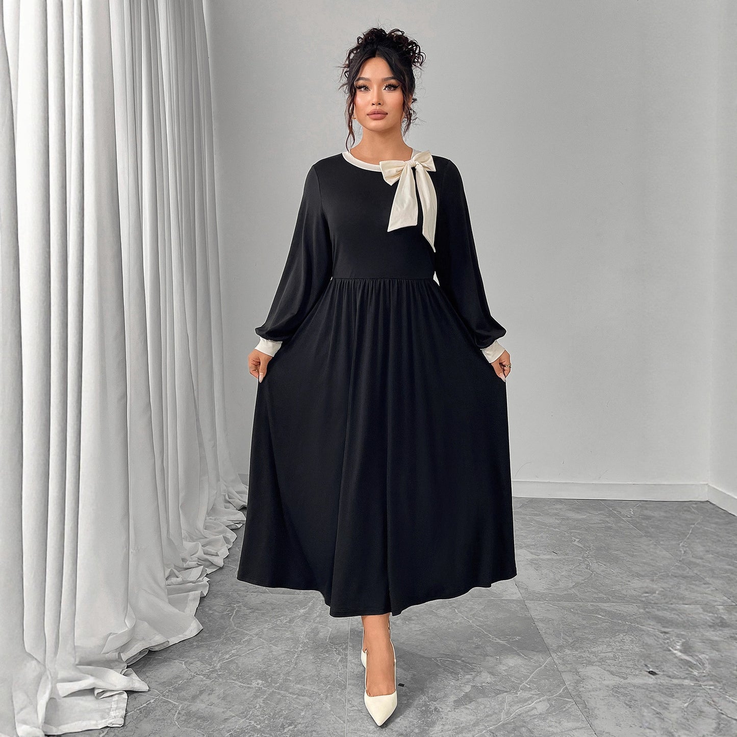 Color Block Bow Accent Midi Dress for Women