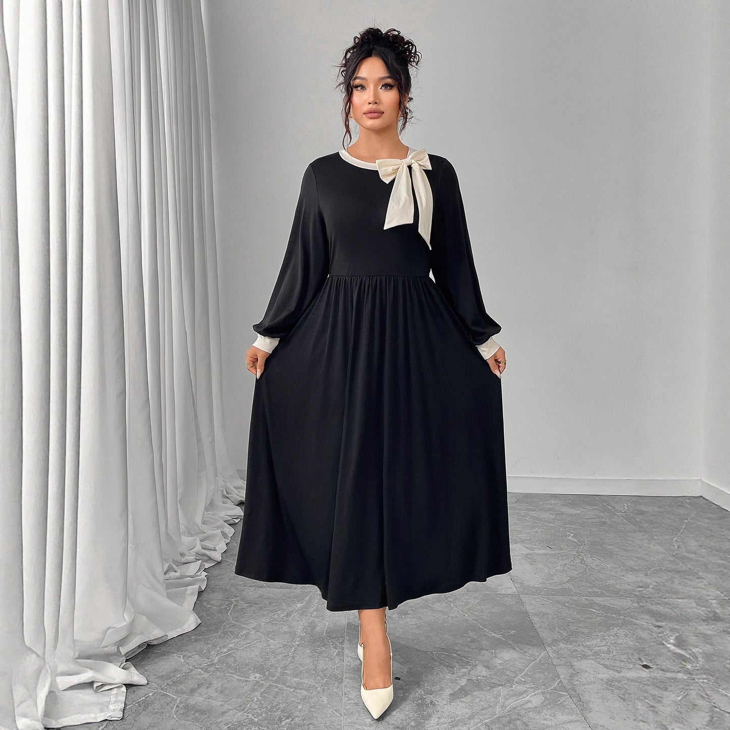 Color Block Bow Accent Midi Dress For Women