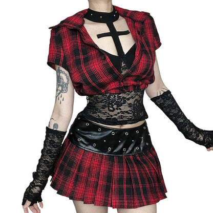 Dark Red Plaid Short Sleeve Top Comfortable Casual Style