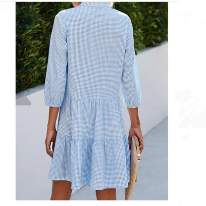 Women'S Spring 5/4 Sleeve Women'S Checkered Standing Collar Shirt Dress