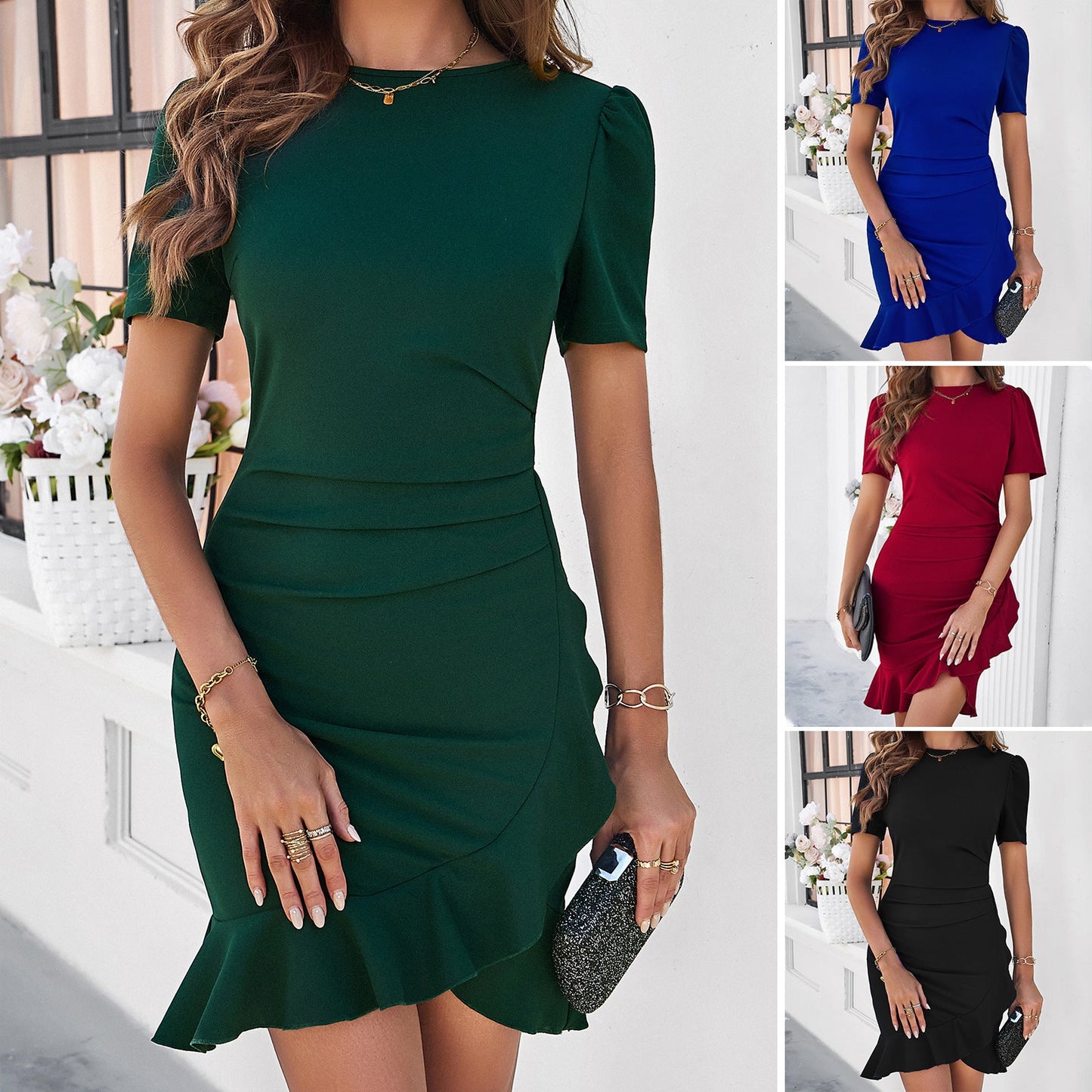 Elegant Solid Fitted Short Sleeve Dress for Women