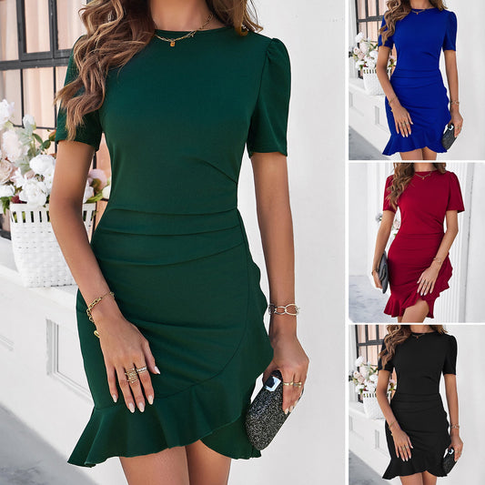 Elegant Solid Fitted Short Sleeve Dress for Women