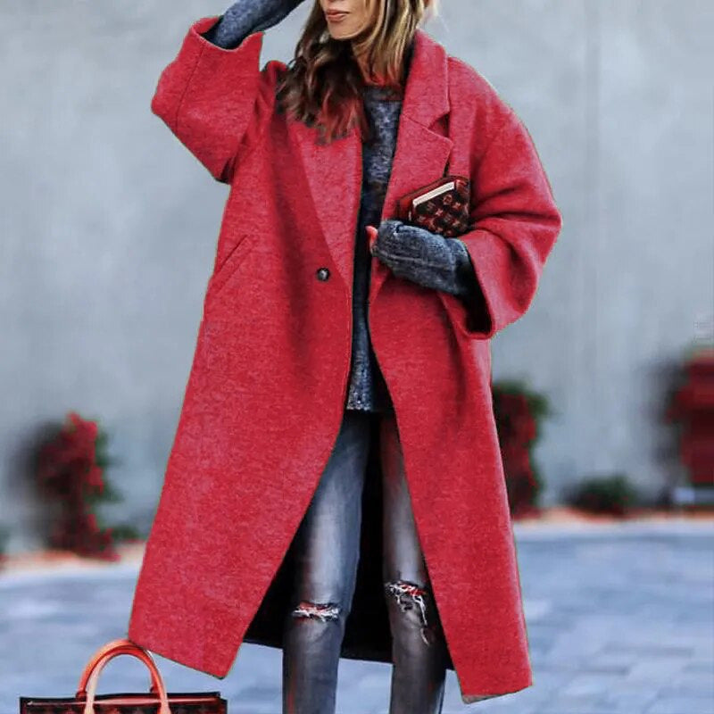Classic Long Solid Color Wool Blend Coat For Women