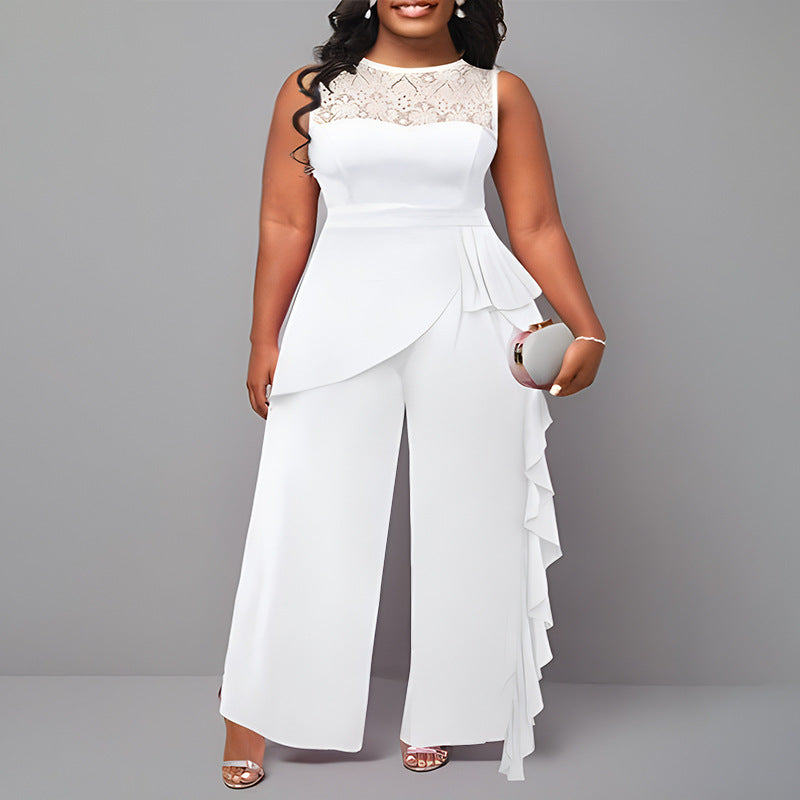 Plus Size Women'S Solid Color Lace Trim Wide Leg Jumpsuit