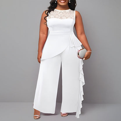 Plus Size Women'S Solid Color Lace Trim Wide Leg Jumpsuit