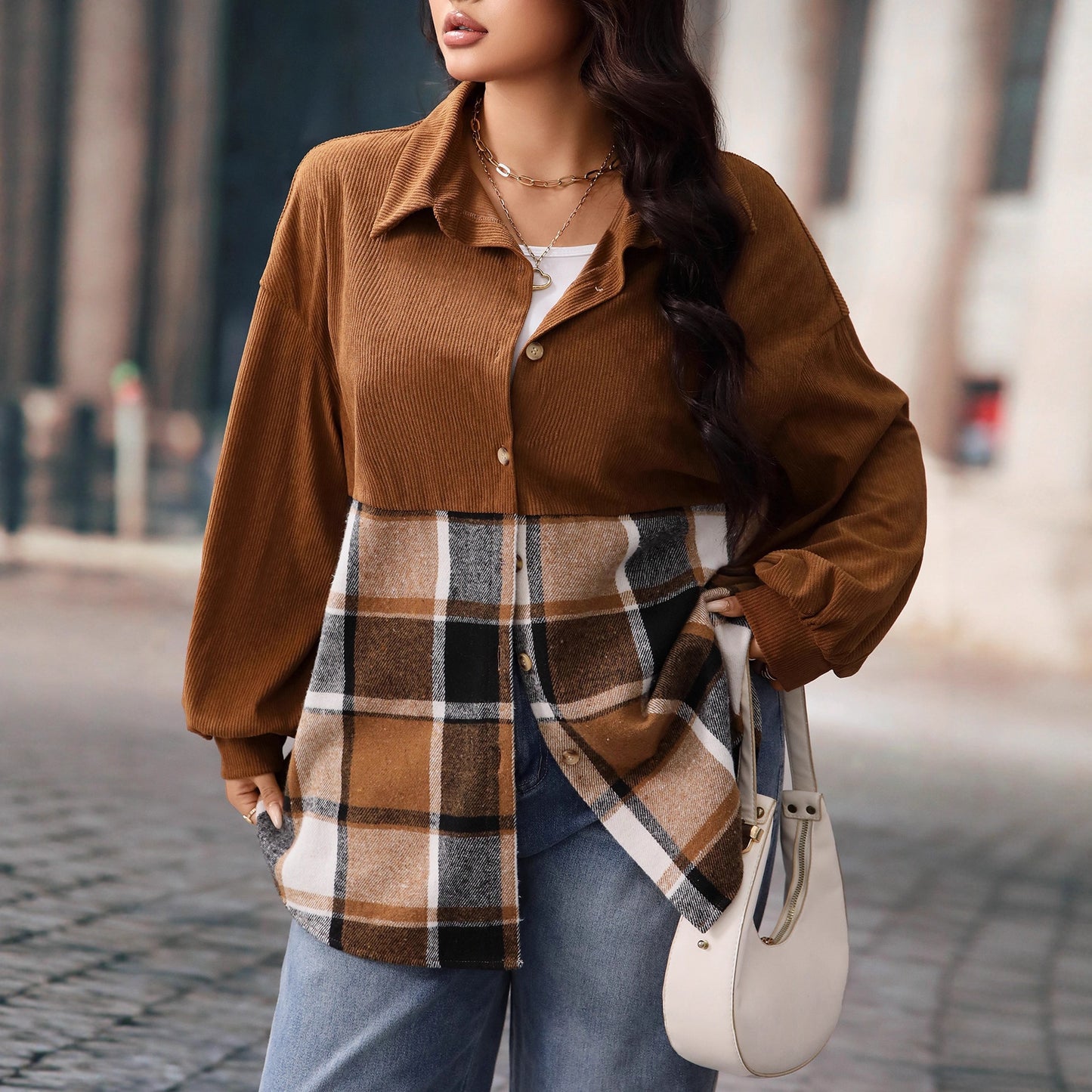 Plus Size Long Sleeve Plaid Jacket Comfortable Casual Outerwear