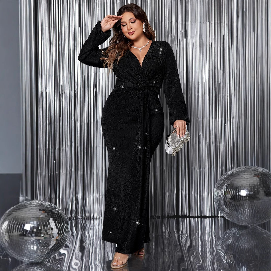 V-Neck Long Sleeve Evening Dress Elegant Mermaid Maxi Dress