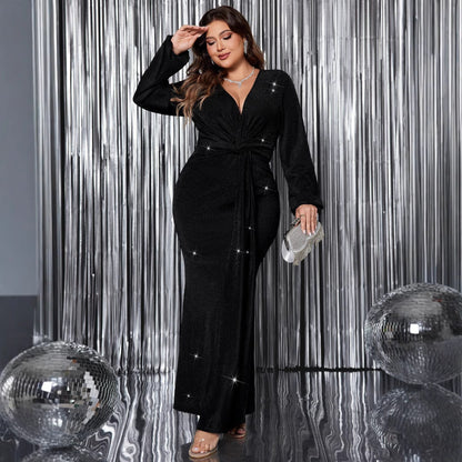 V-Neck Long Sleeve Evening Dress Elegant Mermaid Maxi Dress