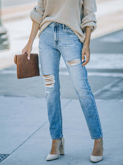 Women's Distressed High-Waisted Skinny Jeans Casual Denim Pants